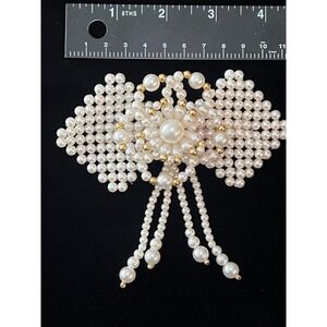 Vtg Faux Pearl Gold Bead Barrette Bow Hair Clip Clasp Wedding Pearl White 2509